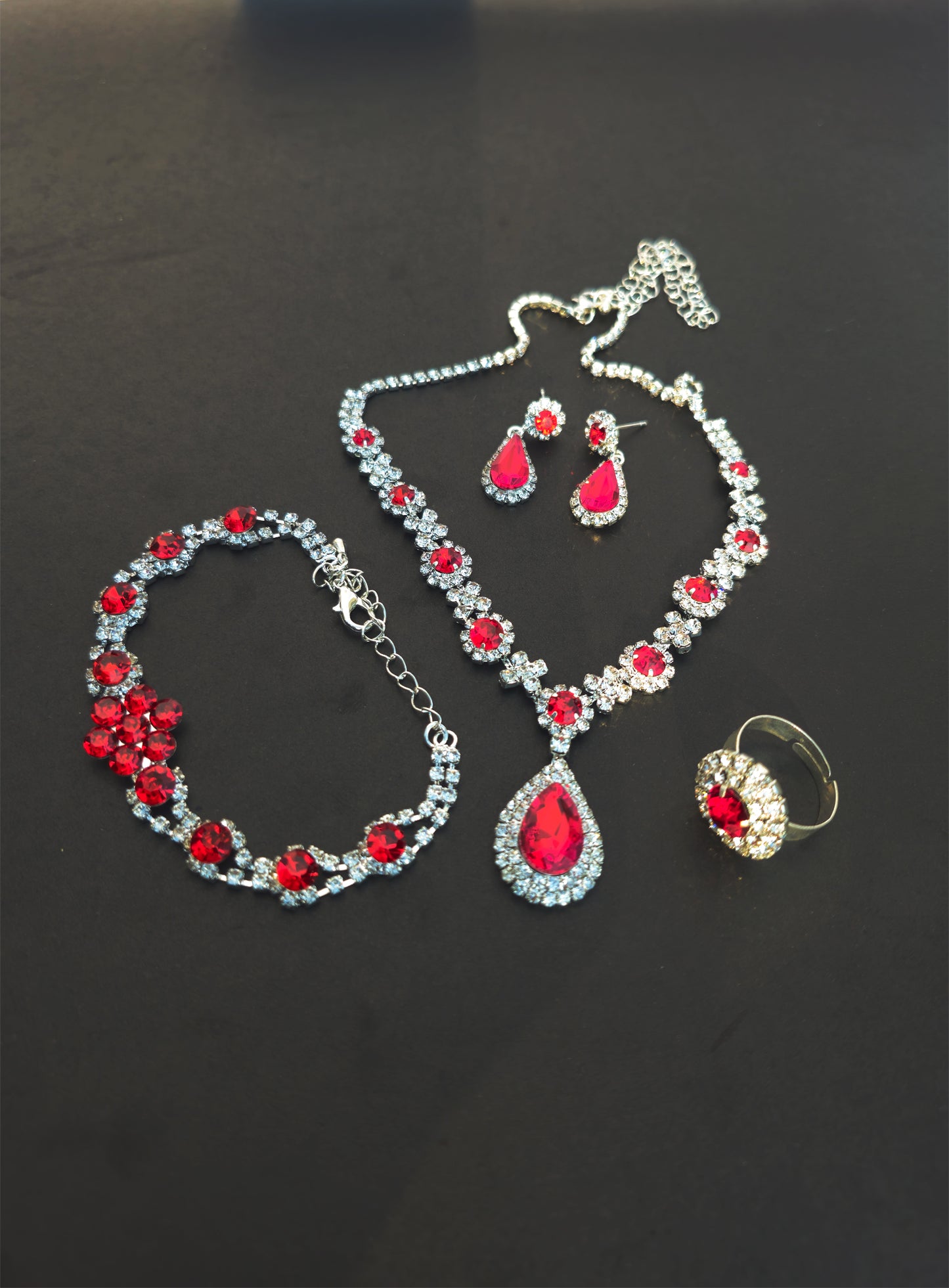 Red ZirCon Stone Necklace, Earrings,Ring (FREE Bracelet)