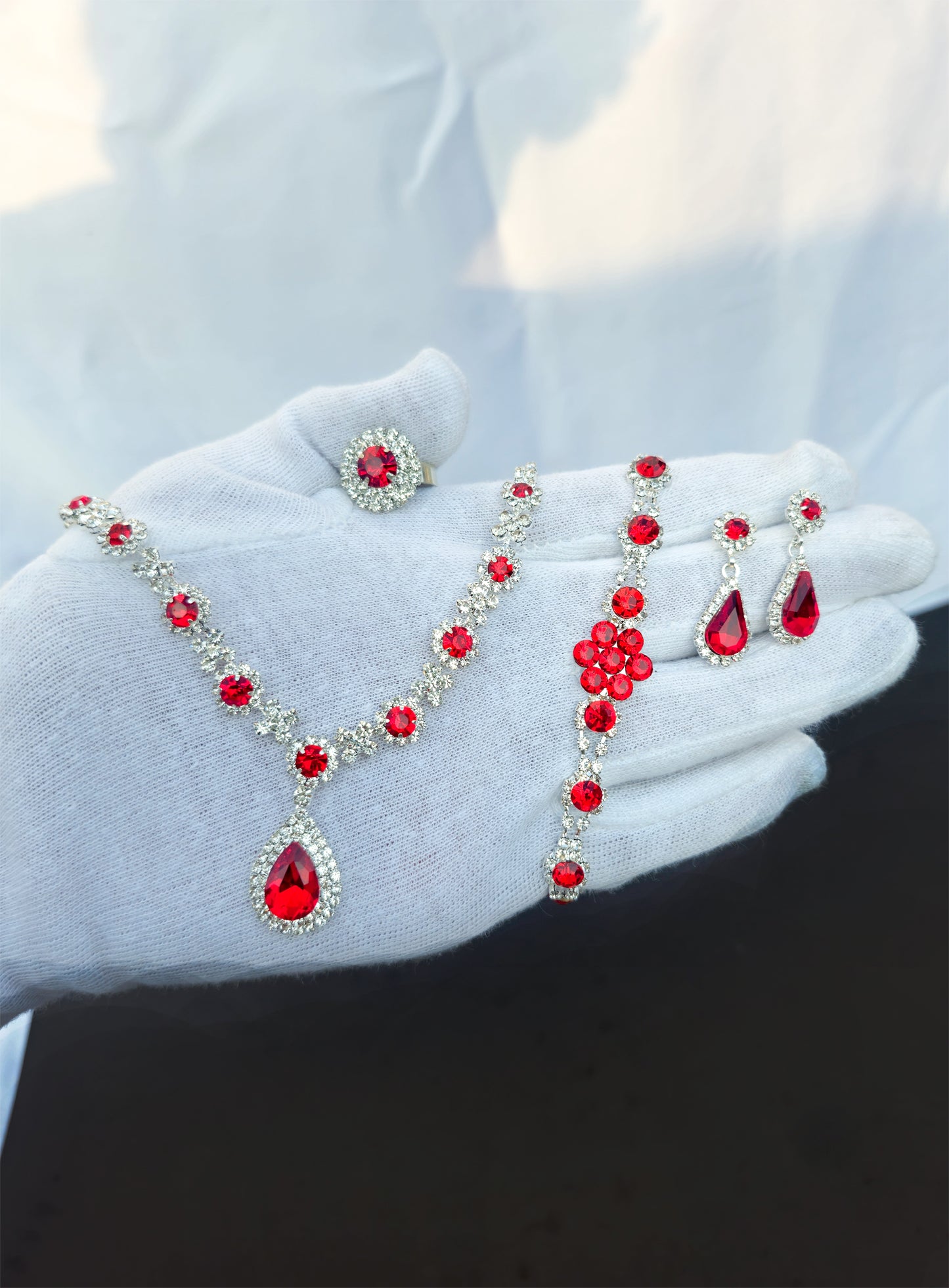 Red ZirCon Stone Necklace, Earrings,Ring (FREE Bracelet)