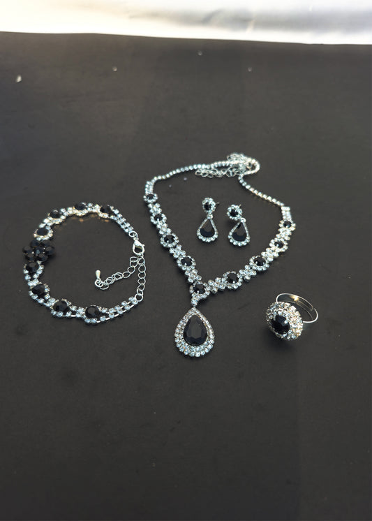 Black Zircon Stone Necklace, Earrings,Ring (Free Bracelet)