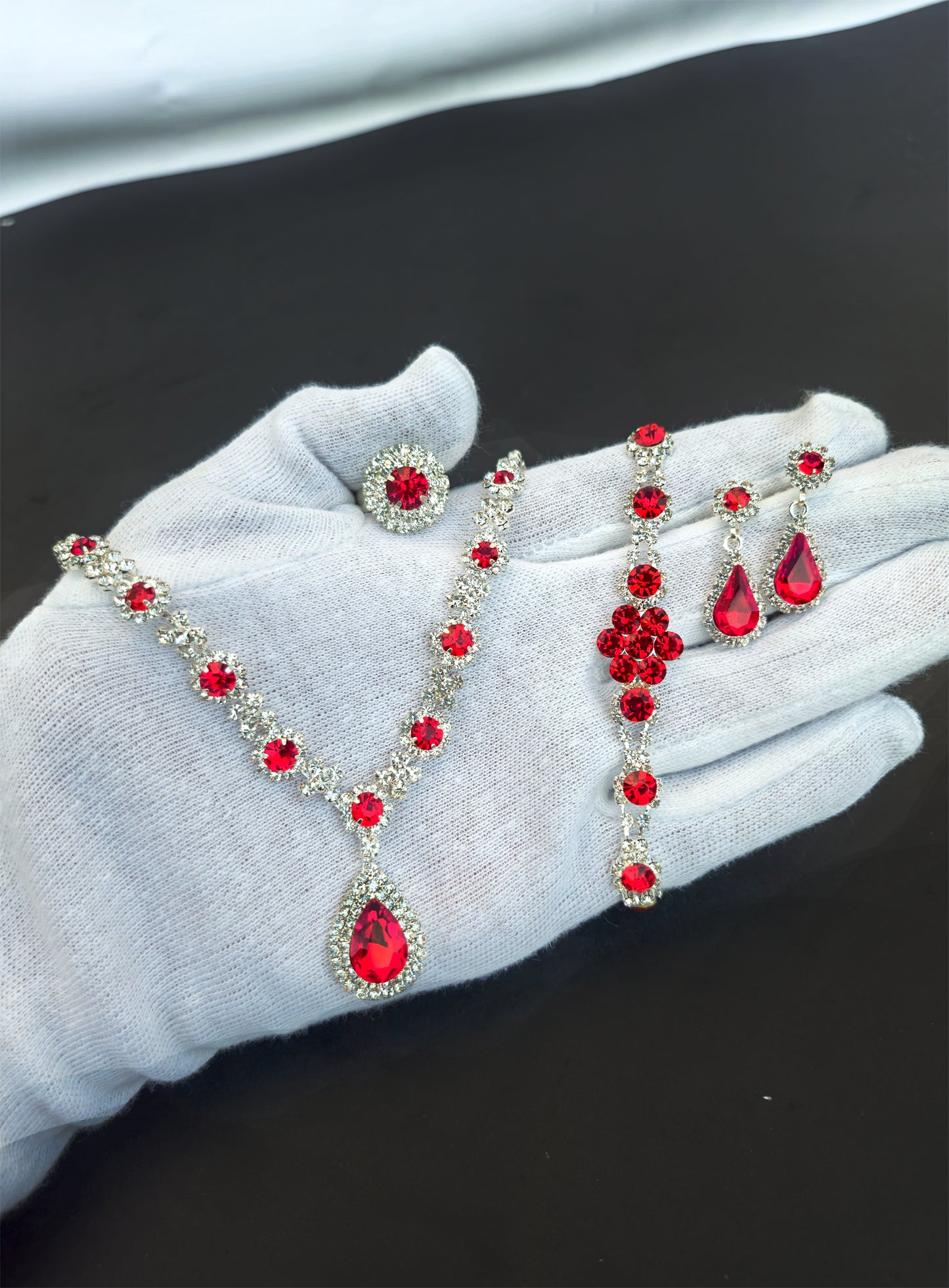 Red ZirCon Stone Necklace, Earrings,Ring (FREE Bracelet)